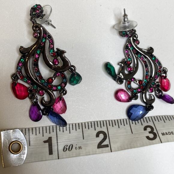 Earrings Dangling Colorful Jewels & Rhinestones Pierced EUC Sz OS Charcoal-Tone - Picture 5 of 6